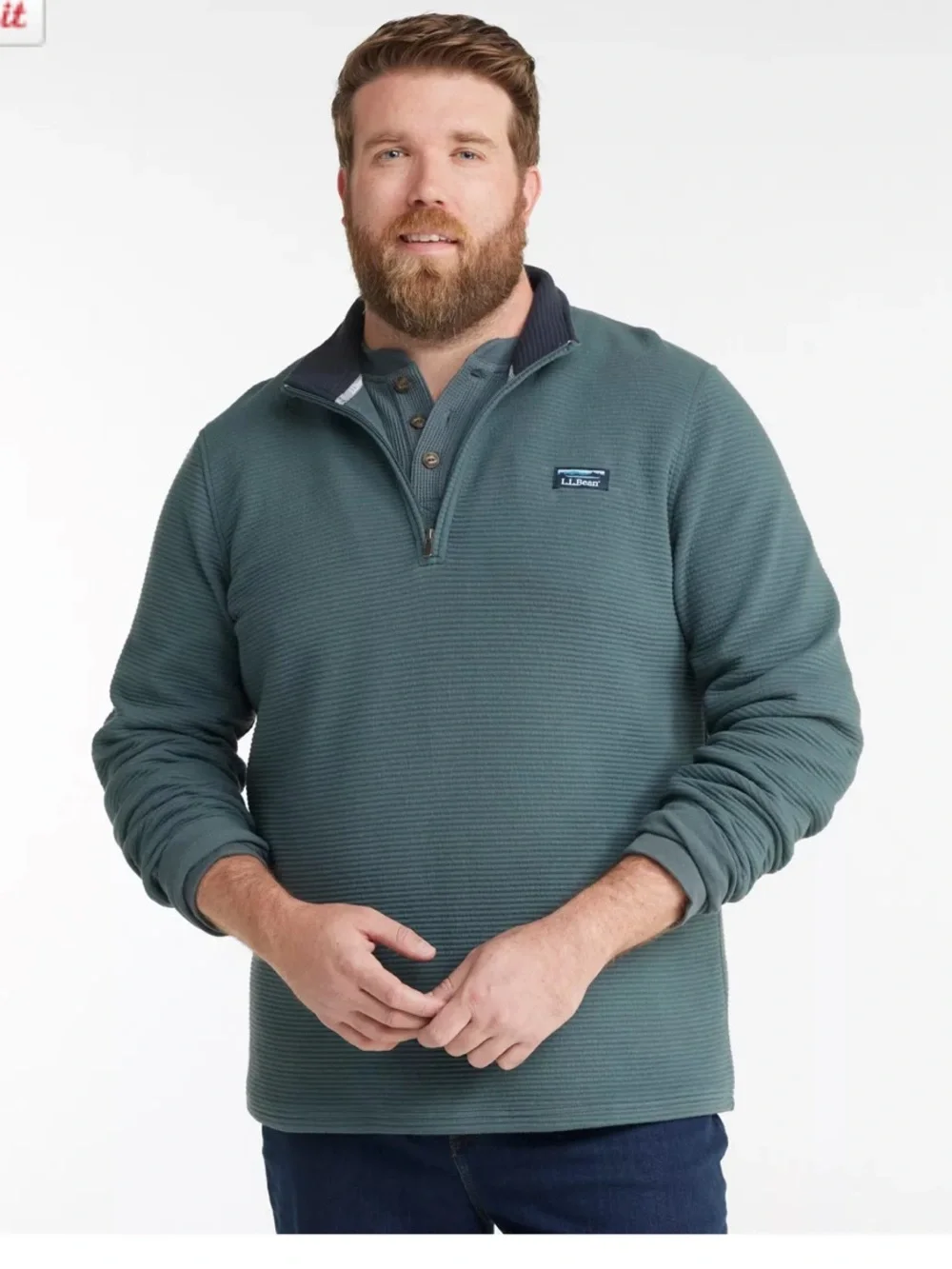 L.L. Bean Men's Olive Green Lakewashed Double Knit Quarter-Zip Pullover